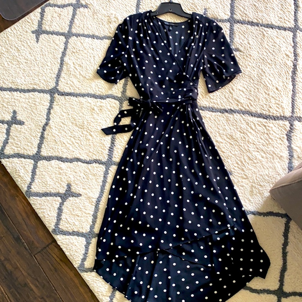 White House Black Market Polka Dot wrap dress with inner slip. Tie closure.